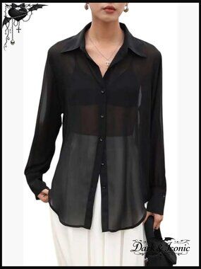 Sheer Button Up Blouse Mesh Long Sleeve See Through Top Sexy Shirt